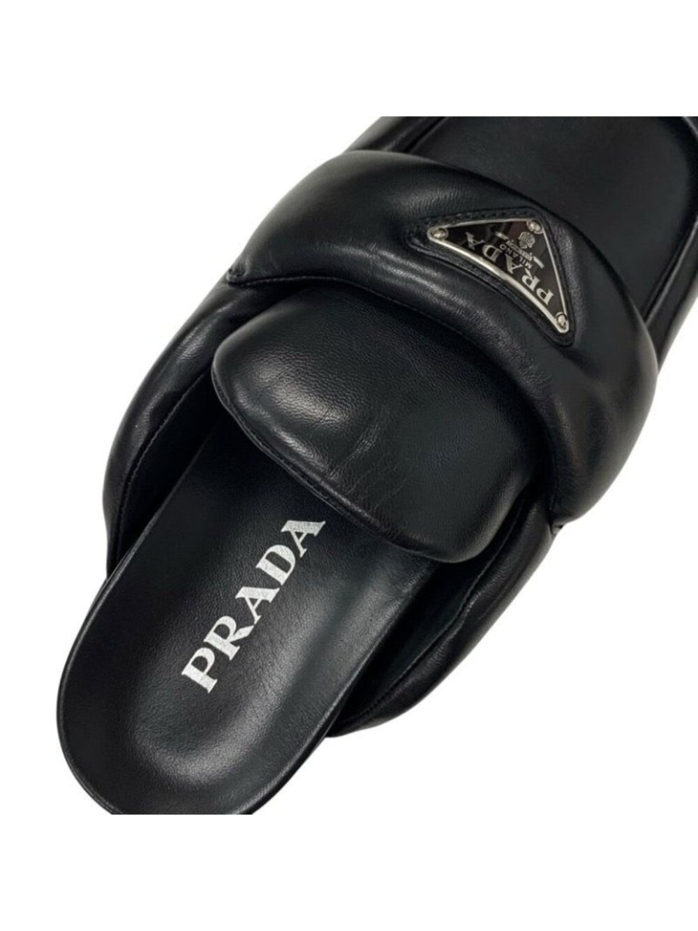 Prada Sandals Shoes Leather Black Triangle Logo Padded Nappa Sabot Mule - Picture 7 of 10